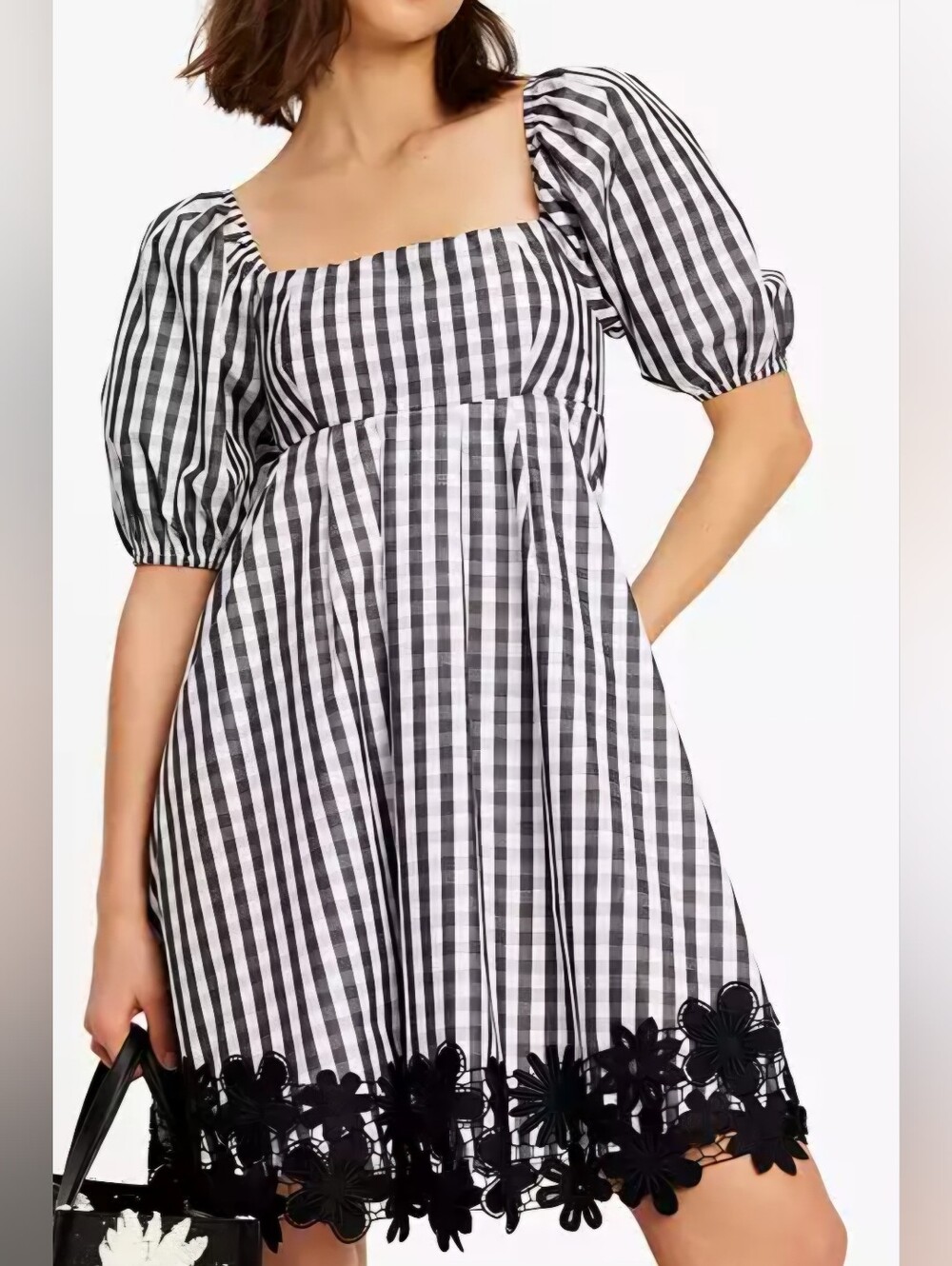 Kate Spade Spring Gingham Puff Sleeve Dress Midi L Black White Floral Lace Trim